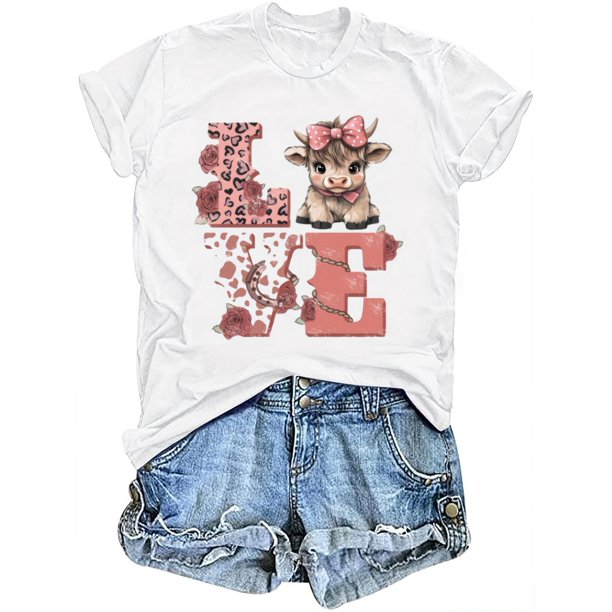 Camiseta elegante con estampado de pantorrilla "LOVE" - 100 % algodón, cuello redondo, manga corta, top informal de verano con diseño de vaca de dibujos animados de leopardo rosa, lavable a máquina -