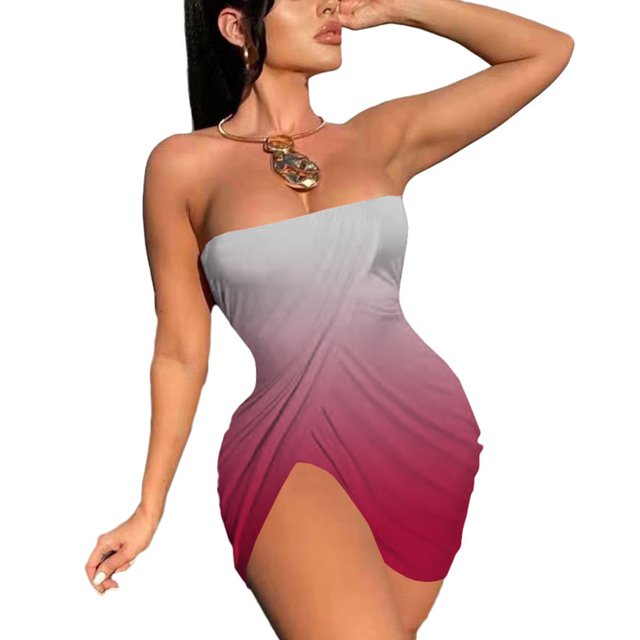 CEHVOM Women Sleeveless Buttocks Gradient Printing Split Fork Breast Wrap Dress