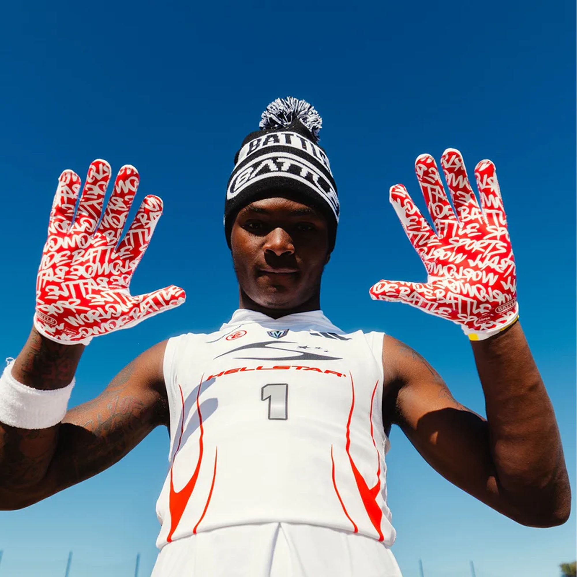 Battle Sports Adult "Lux" Doom Speed Receiver Football Gloves, White/Red - Medium