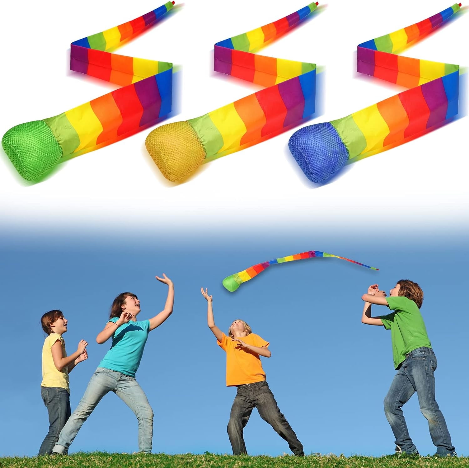 Ikohbadg Throw and Catch Balls with Rainbow Tail, Fun Colorful Sports Comet Balls Playground Toys for School Camping Outdoor Activities Healthy and Fun Games, 35 Inches Long, 1Pcs