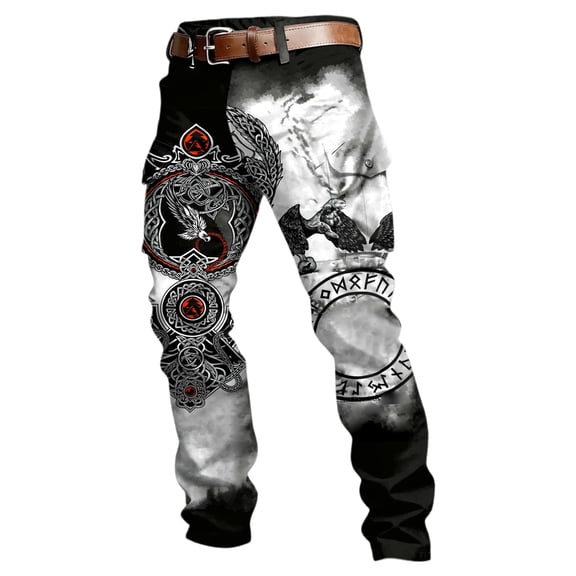 CONZONE Mens Baggy Cargo Pants Wide Leg Pants for Men Trendy Buttons Viking Mythology Graphic Y2K Soft Casual Joggers With Pocket