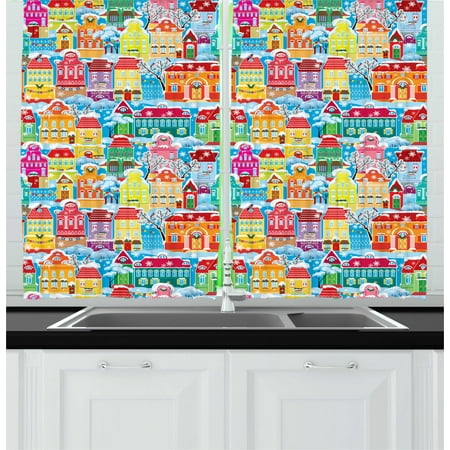 City Rooms Leicester Christmas City Curtains 2 Panels Set, Colorful Town Design Ornamental Winter Holiday Christmas Time Architecture Pattern, Window Drapes for Living Room Bedroom, 55W X 39L Inches, Multicolor, by Ambesonne ()