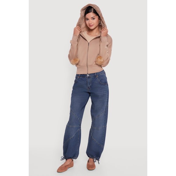 Women's Faux Fur Trim Zip Front Hoodie with Pom Poms