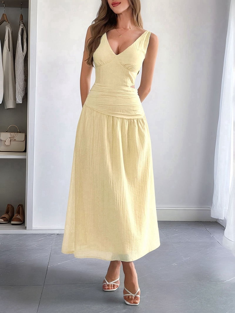 Women'S Summer Sleeveless Casual Dresses V-Neck Wrinkles Backless Party Dress Yellow L