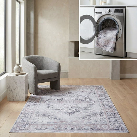 SAFAVIEH Arizona Dedan Medallion Machine Washable Area Rug, Ivory/Grey, 8' x 10'