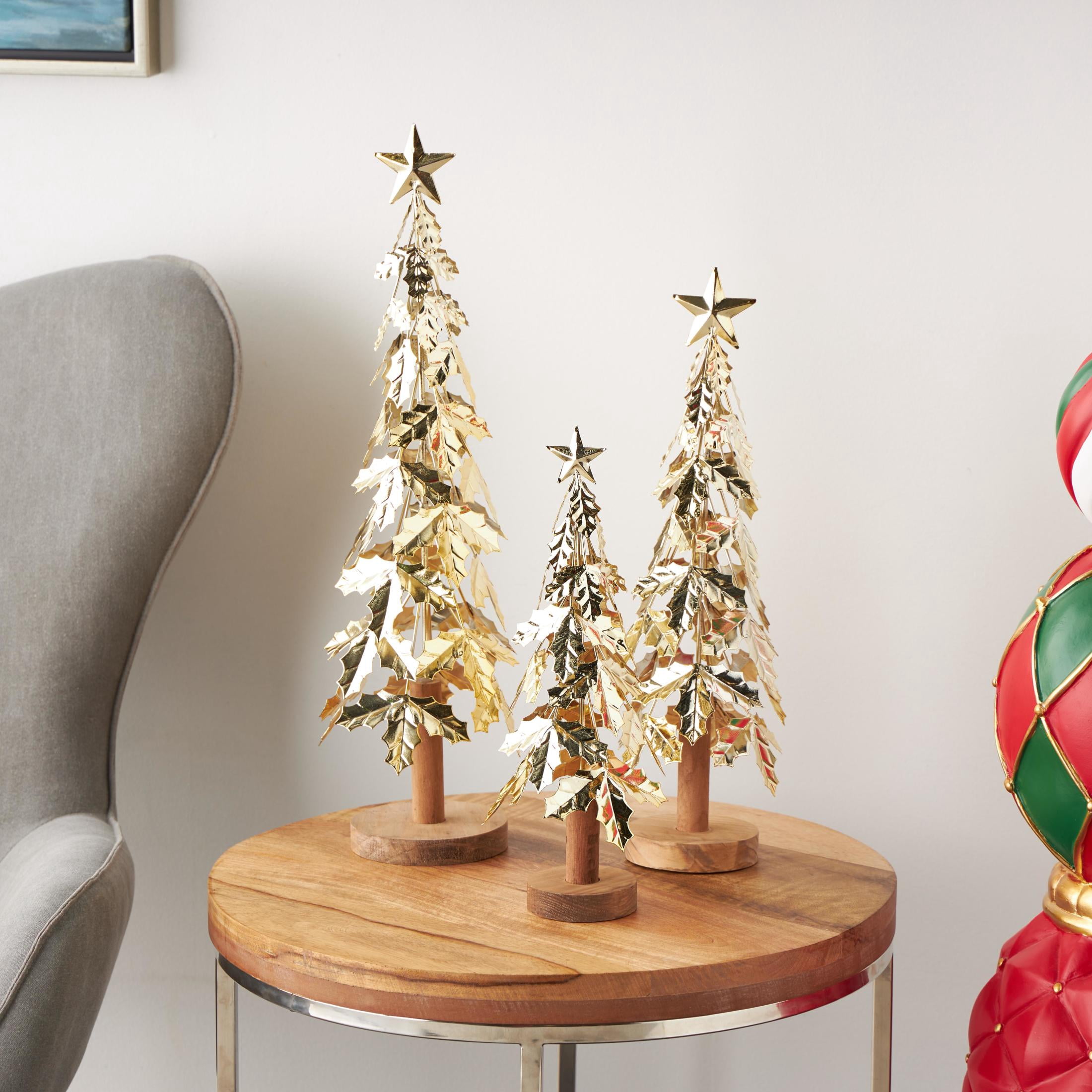 22", 18", 14"H Gold Metal Holiday Holly Leaf Tree Christmas Sculpture with Wooden Base and Star Topper, by DecMode (3 Count)