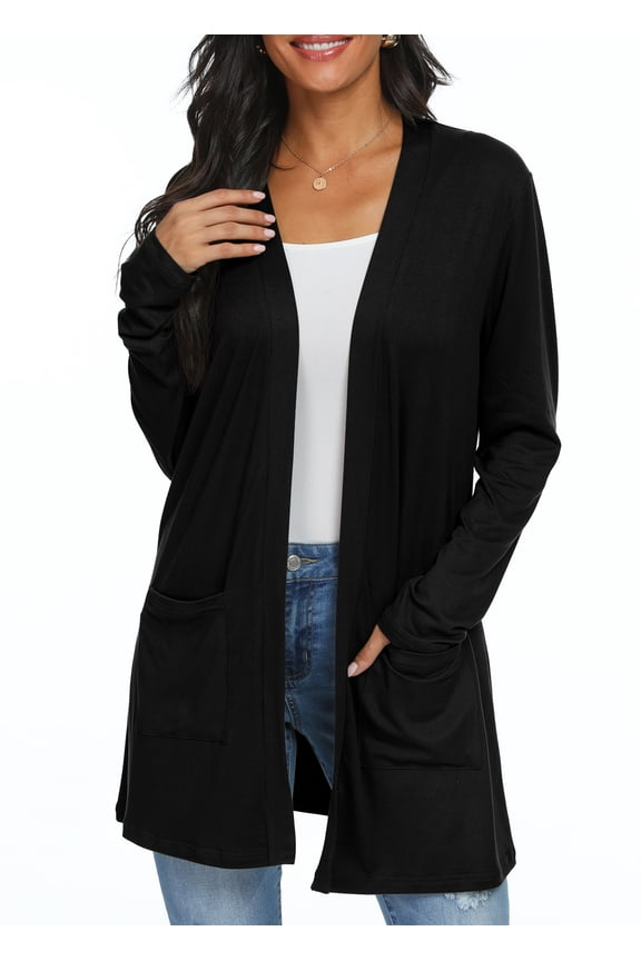 Women's Cardigan Casual Lightweight with Pocketes Long Sleeve Open Front Cardigan Black L