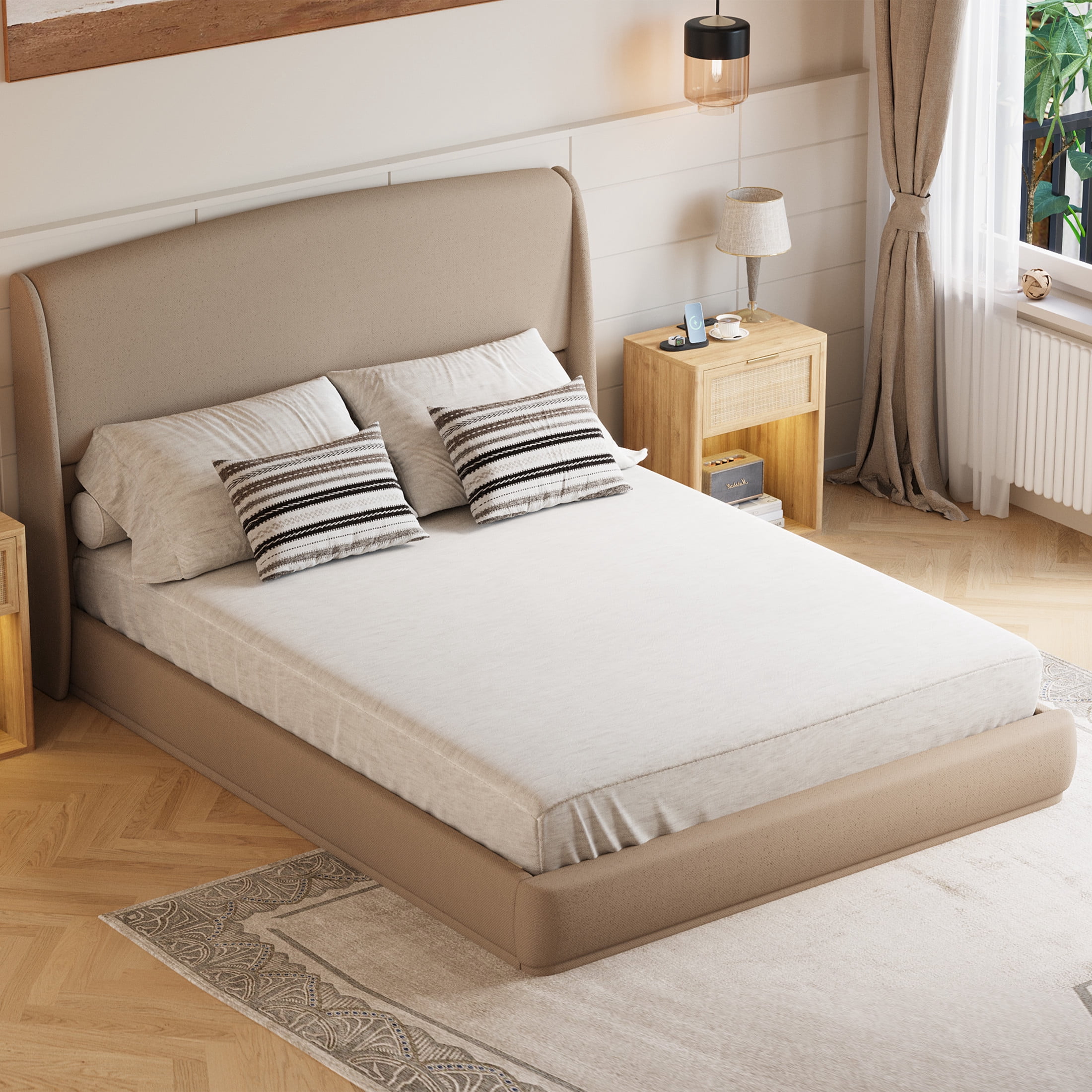Noble House Queen Size Linen Upholstered Platform Bed with Wingback Headboard, Brown