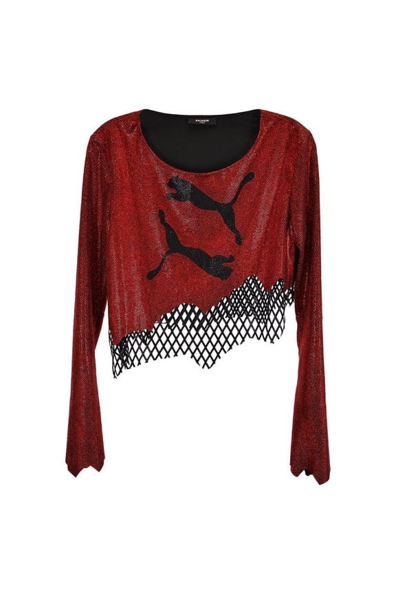 Pre-Owned Balmain x Puma Rhine stoned Asymmetrical Crop Top in Red Polyester