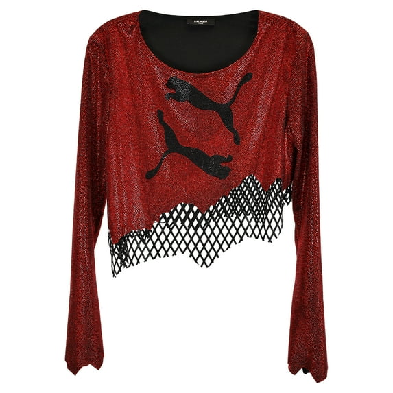 Pre-Owned Balmain x Puma Rhine stoned Asymmetrical Crop Top in Red Polyester