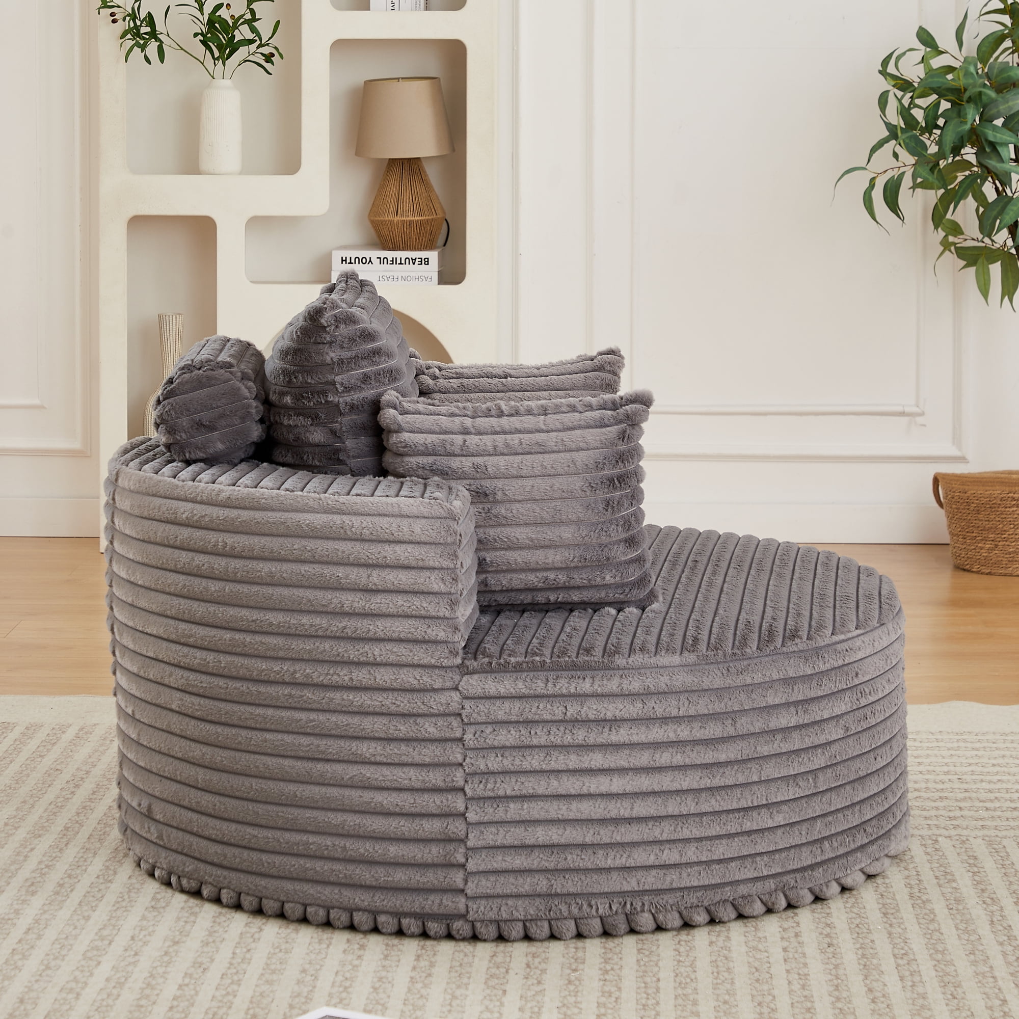 Leumius Oversized Round Chair Lounge Chaise Indoor,50" Upholstered Corduroy Deep Seat Single Cloud Sofa Chair, Fluffy Modern Large Circle Boneless Sleeper Sofa for Living Room, Bedroom,Gray