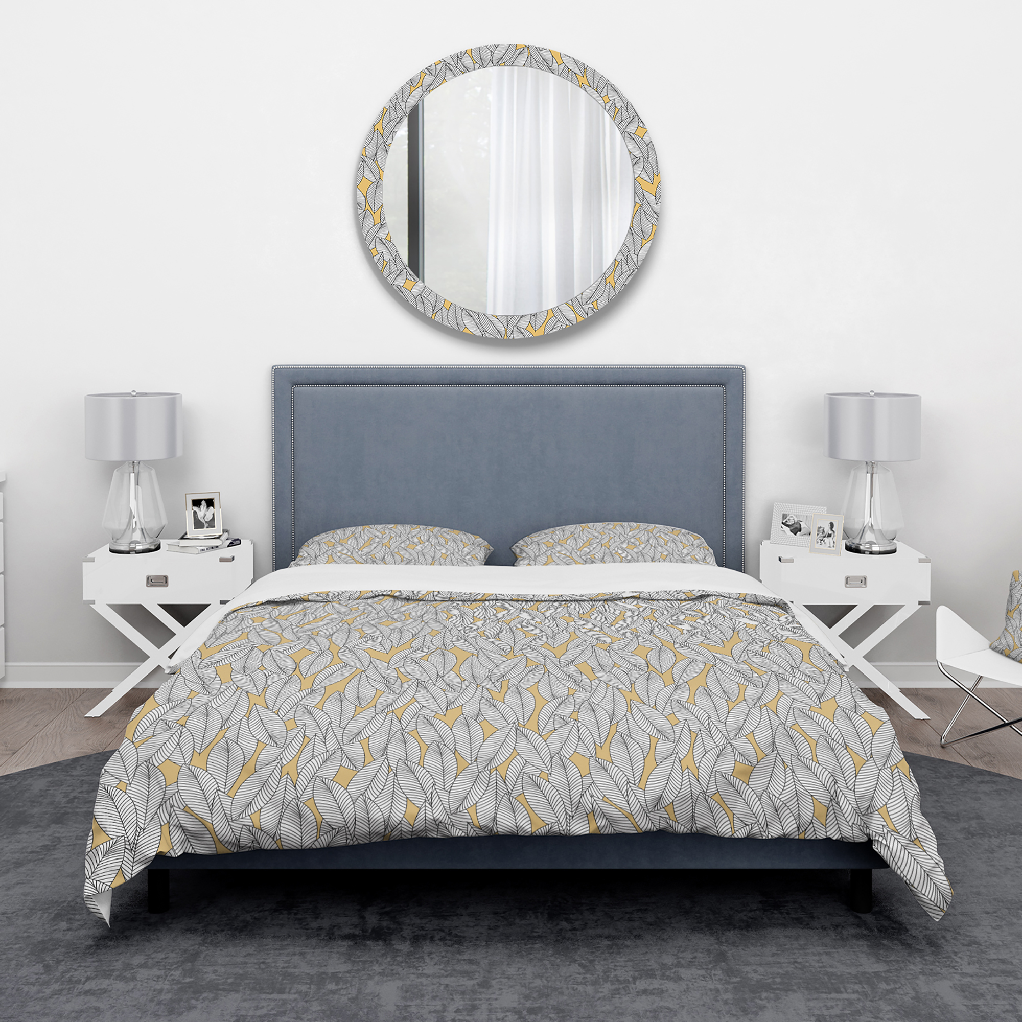Designart 'Abstract Monochromic Pattern with Contour Leaves' Modern & Contemporary Duvet Cover Set