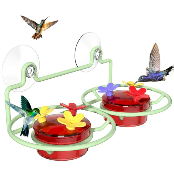 Window Hummingbird Feeder with Strong Suction Cups, 6 Feeding Ports Metal Base, Small Outdoor Bird Feeder Easy to Clean Refill, Attracts Hummingbirds, Green