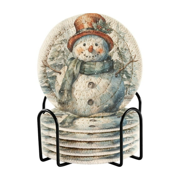 Christmas Snowman and Trees 6 Pcs Drink Coasters with Holder Absorbent Coasters Woven Coasters for Drinks Table Desk Protection Home Decor