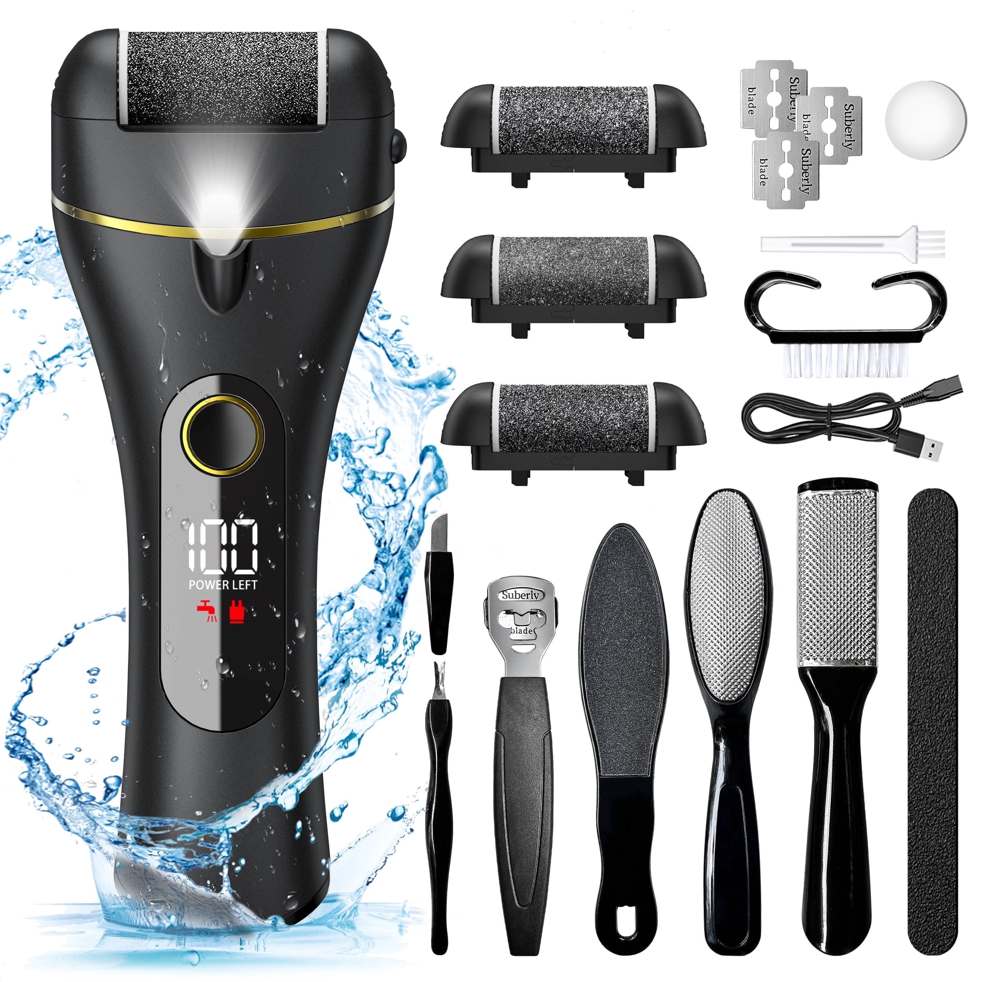 Yoovee Electric Callus Remover for Feet, Portable Foot File Pedicure Tools, Waterproof 18 in 1 Kit for Cracked Heels, Calluses, Dead Skin, with 3 Roller Heads, 2 Speed, Perfect Hands Scrubber