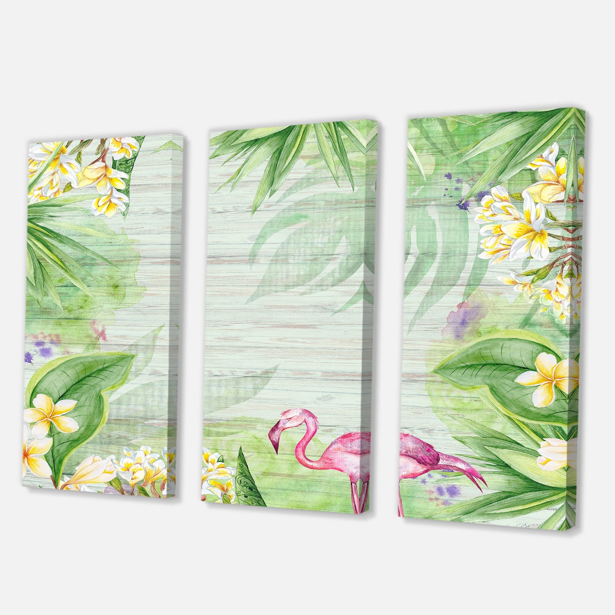 Designart ' Yellow Flowers, Tropical Foliage With Flamingo I ' Modern Canvas Wall Art Print