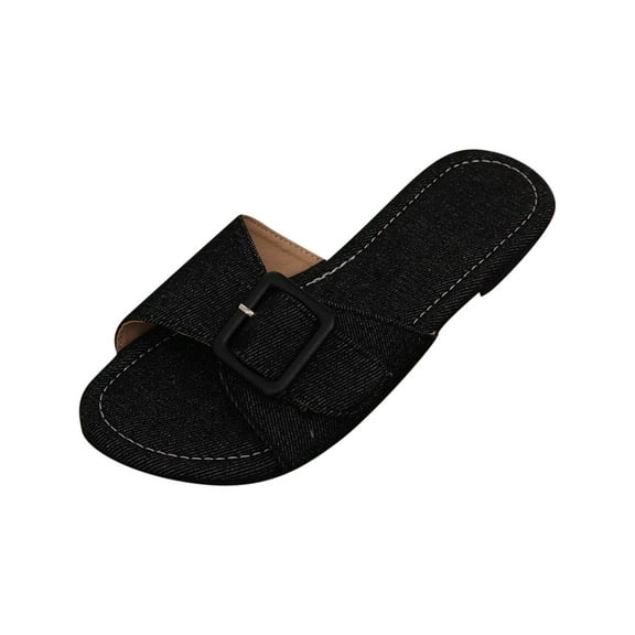 RUIYANQI Women's Square Toe Slide Sandals Buckle Strap Denim Flat Sandals Casual Summer Daily Outdoor Fashion Footwear Beach Slides Black Women Sandal