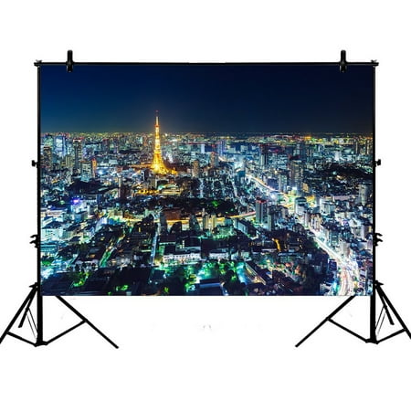 Image of PHFZK 7x5ft City Backdrops Tokyo Skyline at Night Photography Backdrops Polyester Photo Background Studio Props