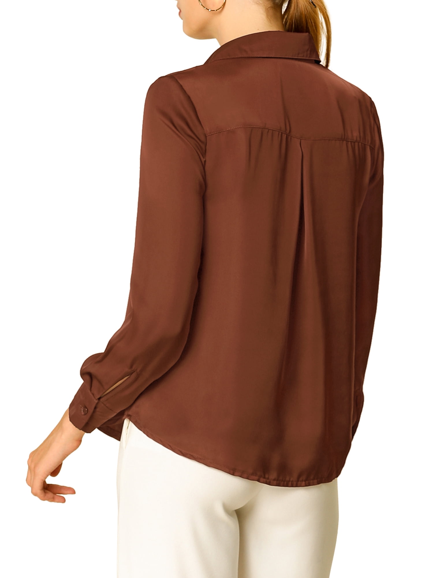 DARING DIVA Women's V Neck Classic Work Office Long Sleeve Shirt XL Brown