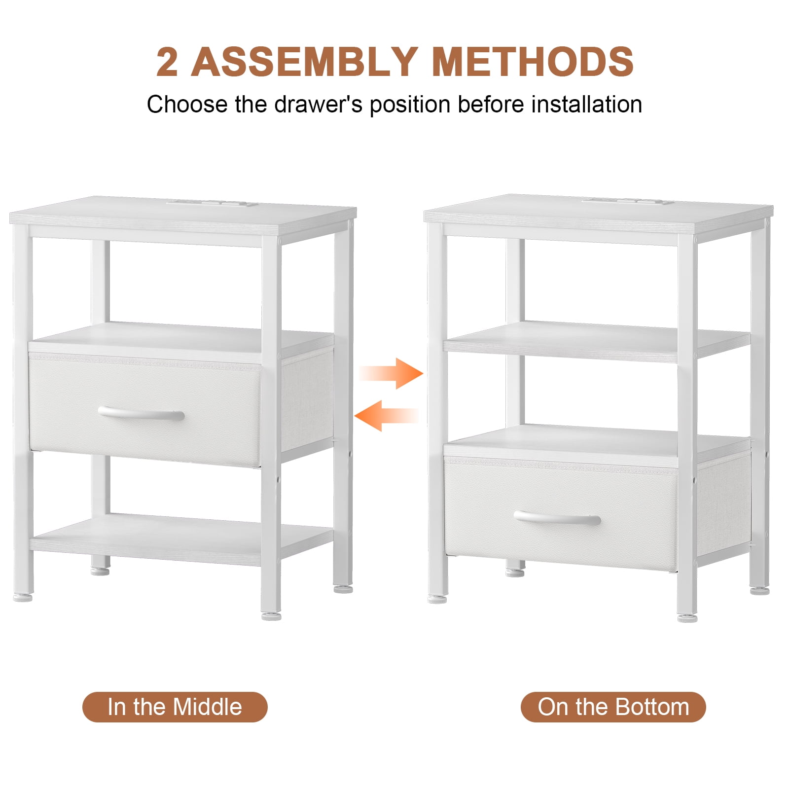 Beddle Nightstand with Charging Station, LED Bedside Table with 1 Fabric Drawer, 3-Tier End Table for Bedroom, Living Room, White