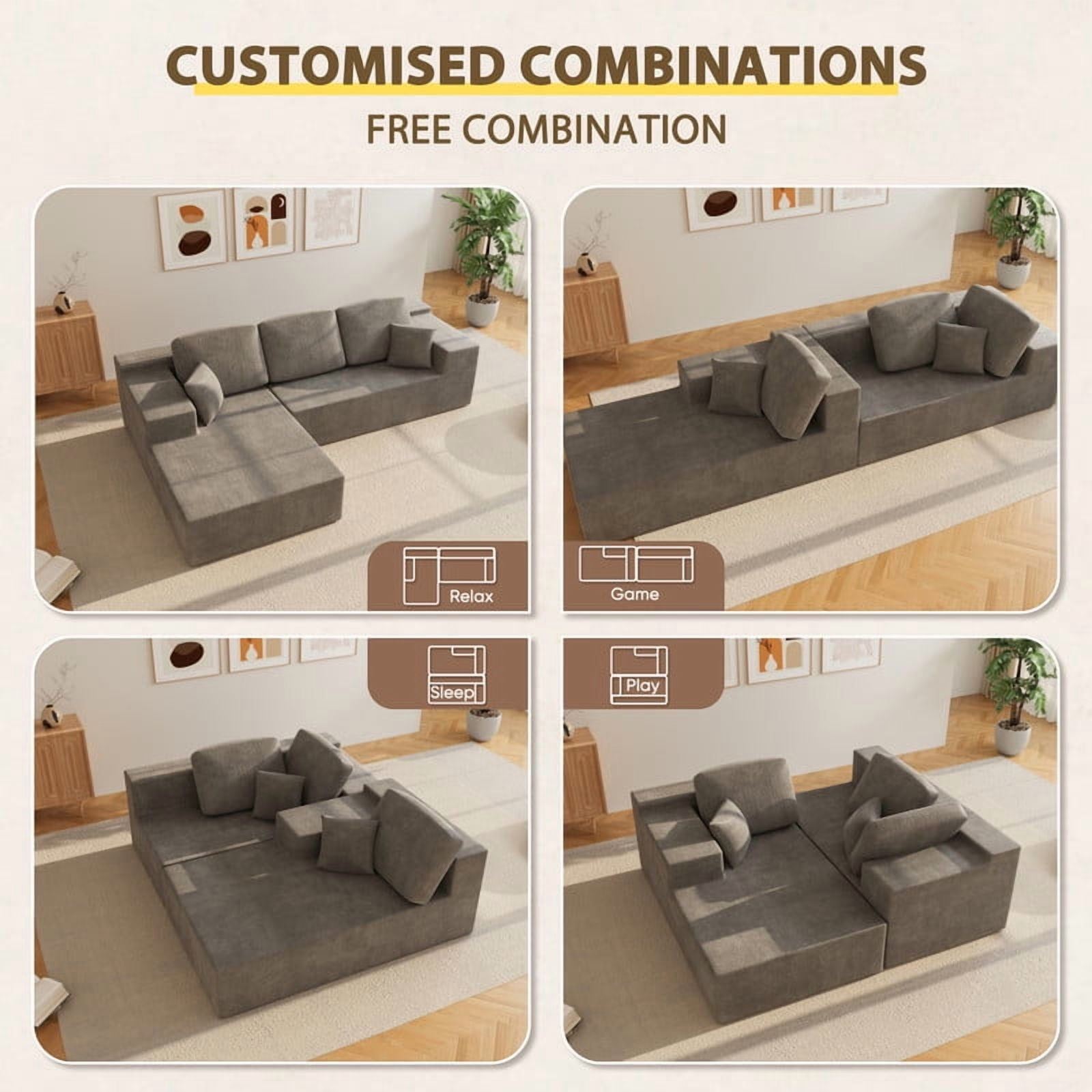 Homall 108" Cloud Sectional Sofa, Boneless Couch with L-Shape Chaise, Modular Couch with Deep Seat, No installation for Living Room & Apartment, Chenille Grey