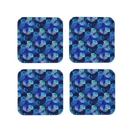 

Honeii Glowing Jellyfish Pattern Print Leather Coaster Set of 4 Ideal for Safeguarding Your Furniture from Drinks Spills and Effortless Cleanup-Square