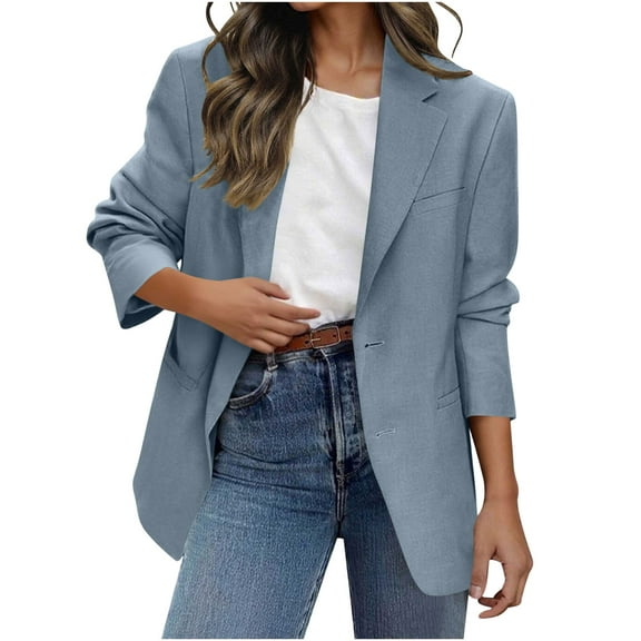 Loopsun Womens Jackets, Blazers for Women, Women Business Casual Solid Long Sleeve Lapel Open Front Suit Jacket Blazer with Pocket Blue L