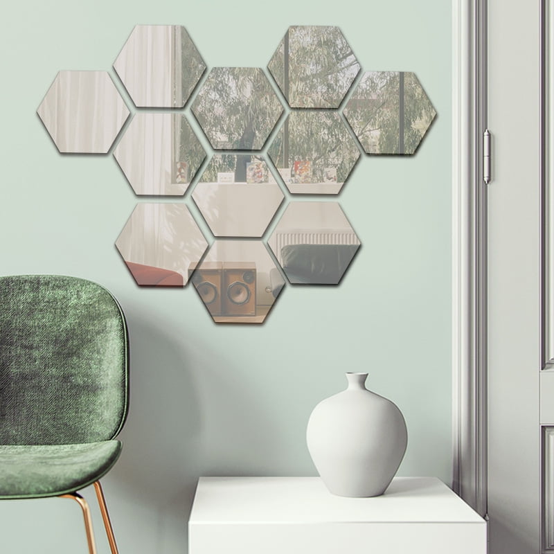 12pcs Self Adhesive Reflective Hexagon, Mirrored Hexagonal Wall Tiles Pack