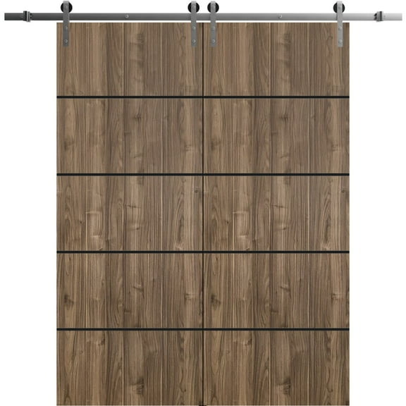 Sturdy Double Barn Door 36 x 80 inches with | Planum 0015 Walnut with Frosted Glass | Stainless Steel 13FT Rail Hangers Heavy Set | Solid Panel Interior Doors