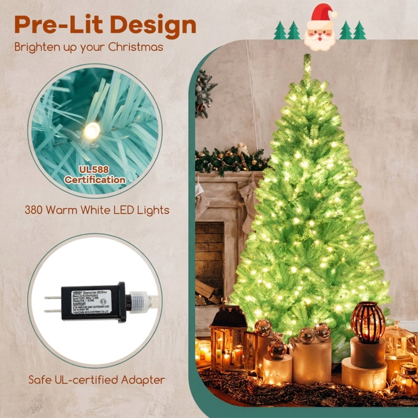 RUIE 7 ft Blue Christmas Tree, Pre-Lit Artificial Xmas Tree with 380 LED Lights, 1040 Branch Tips and Foldable Metal Stand