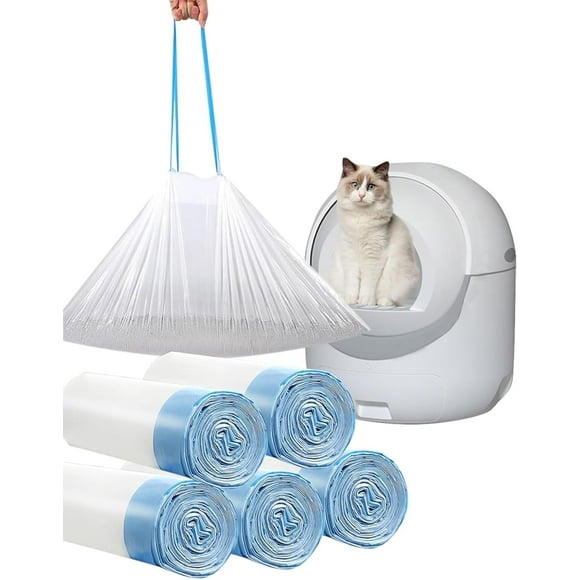 AIR-100 Count Cat Drawstring Litter Box Liners 26.6x16.7 inches 2Mils Super Thick for the litter robot 4, 3 Cat Litter Pan Trays (Blue Drawstring 100 count)