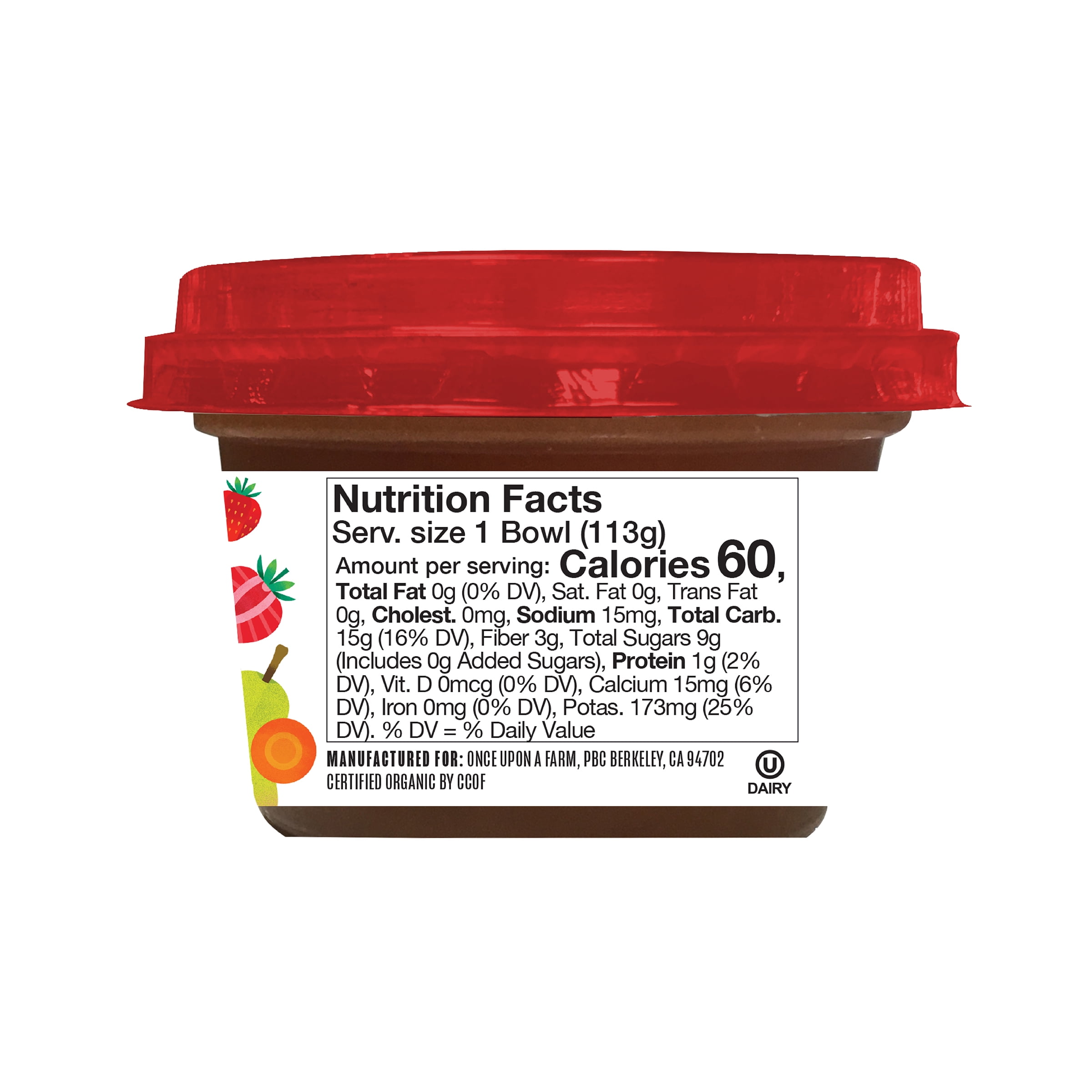 Once Upon a Farm Organic Refrigerated Baby Food Fruit & Veggie Blend Pear, Strawberry & Carrot, 4oz Bowl