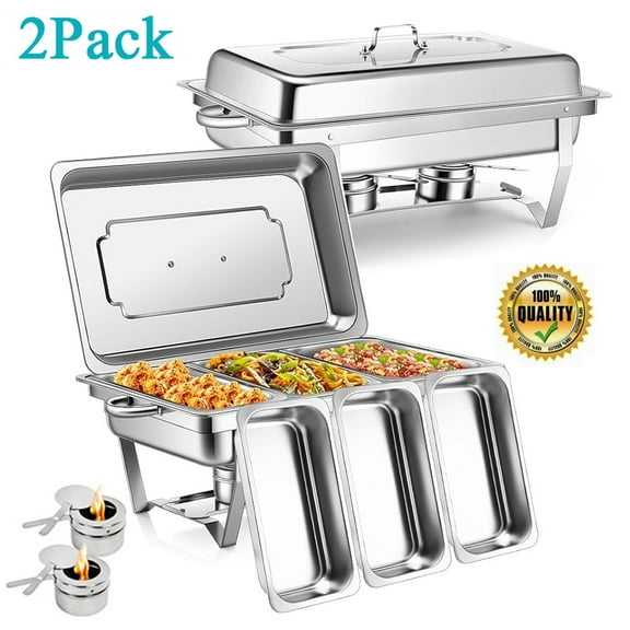 2Pack Chafing Dish Buffet Set, 8QT High Grade Stainless Steel Catering Serve Chafer Restaurant Food Warmer Rectangular Buffet Stove with 3 1/3 Size Food Pans Foldable Frame for Party