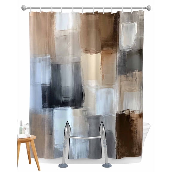 Split Shower Curtain for Transfer Bench, Abstract Gray Brown Fabric Shower Curtains for Bathroom, Oil Painting Color Blocks Tub Sliding Transfer Bench Waterproof Bath Curtains 72"x72"