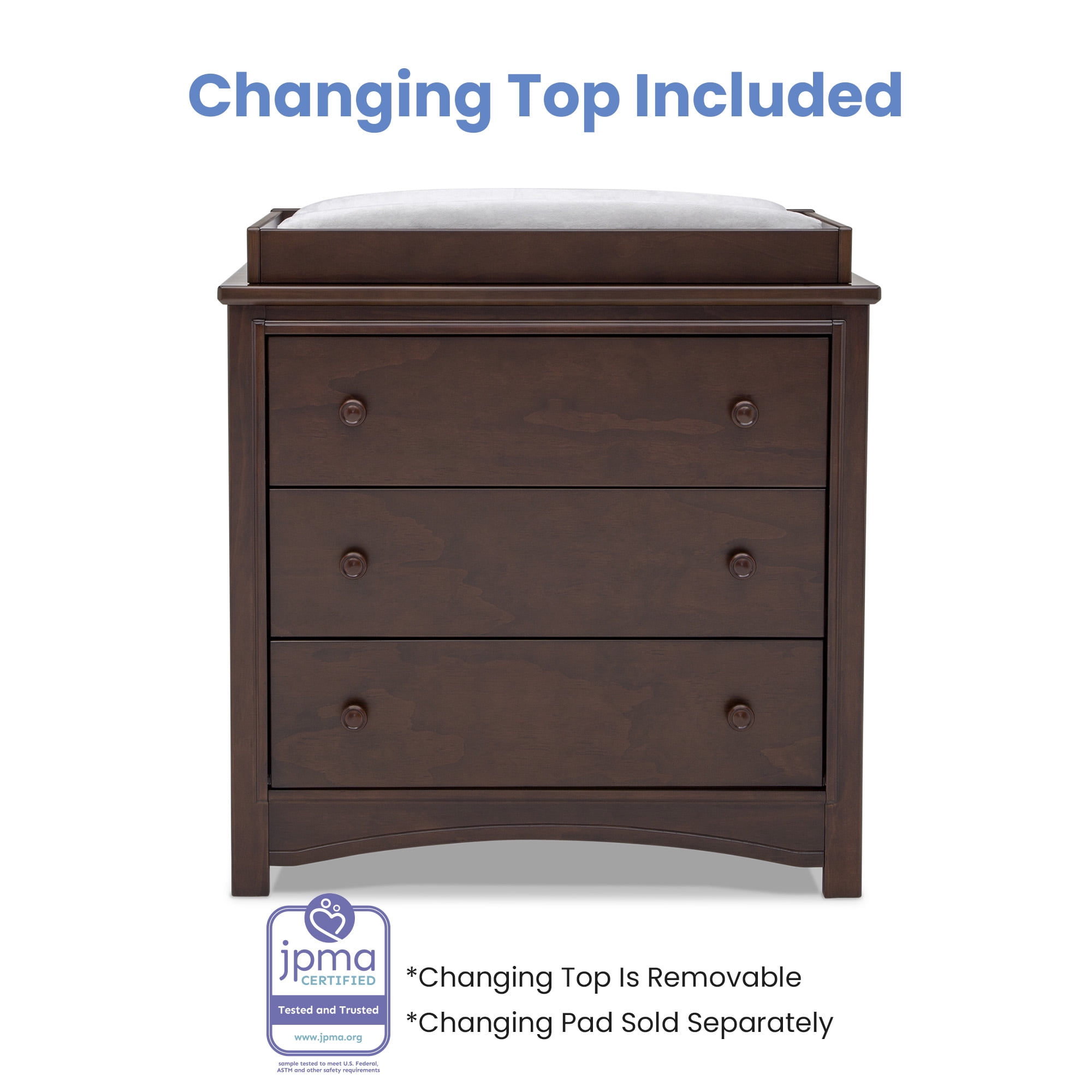 Delta Children Perry 3 Drawer Dresser with Changing Top and Interlocking Drawers, Walnut Espresso