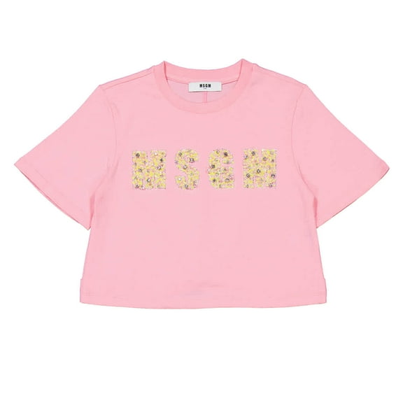 MSGM Girls Sequin Logo Cropped Cotton T-Shirt, Size 8Y