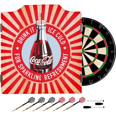 Trademark Gameroom Coke Dart Cabinet Set with Darts & Board - Coca-Cola Drink It Ice Cold for Sparkling Refreshment Bottle Art