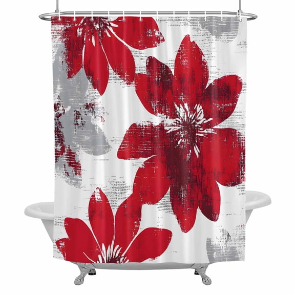 Red Floral Fabric Shower Curtain, Vintage Flowers Bathroom Curtain with 12 Hooks Waterproof Machine Cloth Shower Curtain for Bathroom, Bathtub, Spa Room, 60x72 Inch