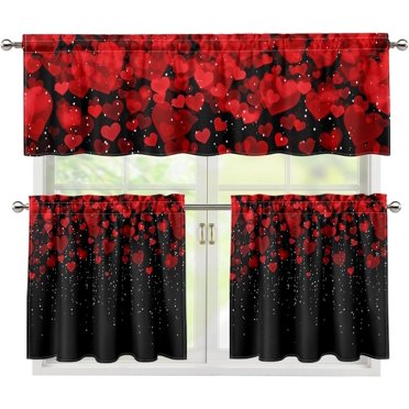 Red Heart Kitchen Curtain Tier&Valance Set 24" Length Tier Curtains Rod Pocket Window Valance for Living Room Bedroom Valentine''s Day Decorations,3 Piece Set