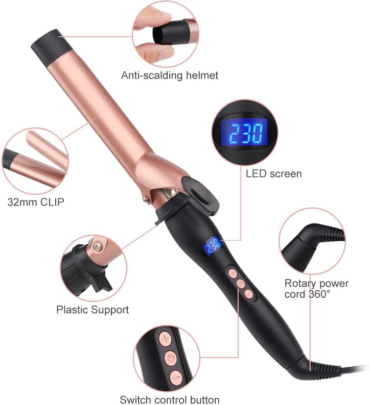 Hair Curling Wand, 1.26Inch Curling Iron, Professional Ceramic Hair Curler Wand, Big Curls with Adjustable Digital Temperature, Dual Voltage, Auto Shut-Off