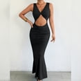 thumbnail image 2 of Women's Cross Twist Front Halter Cami Tops and Skirt Summer Solid Color Pleated Slim Fit Dress Black, 2 of 9