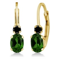Gem Stone King 14K Yellow Gold Green Chrome Diopside and Black Diamond Leverback Earrings for Women | 0.97 Cttw | Gemstone | Oval 6X4MM, Round 2MM | 3/4 inch