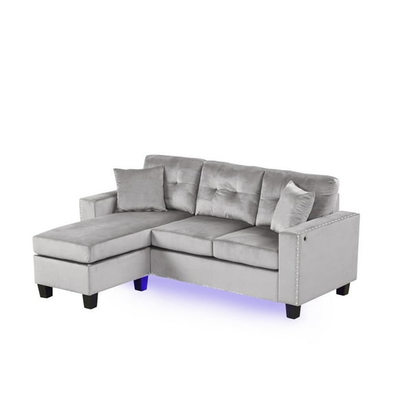 Lilola Home 74"W Gray Velvet Reversible Sectional Sofa Chaise