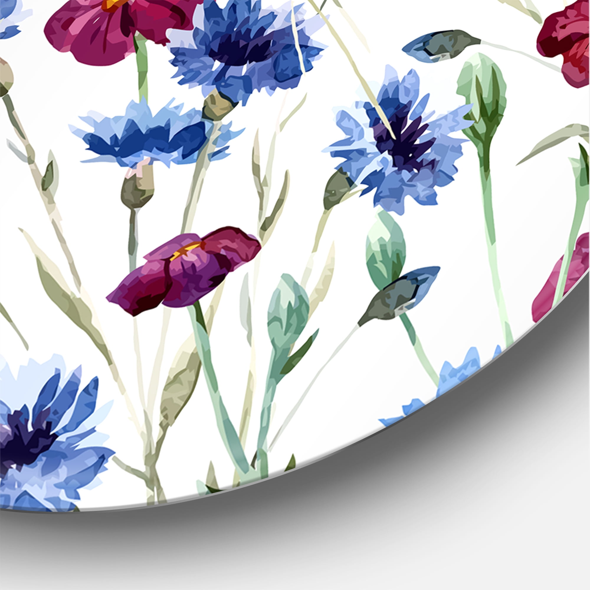 Designart 'Red and Blue Wildflowers' Traditional Circle Metal Wall Art 23x23 - Disc of 23