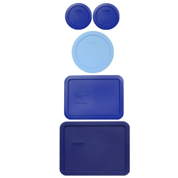 Pyrex (2) 7200-PC Cadet Blue Lids, (1) 7201-PC Blue Cornflower Lid, (1) 7210-PC Cadet Blue Lid, and (1) 7211-PC Navy Blue Lid