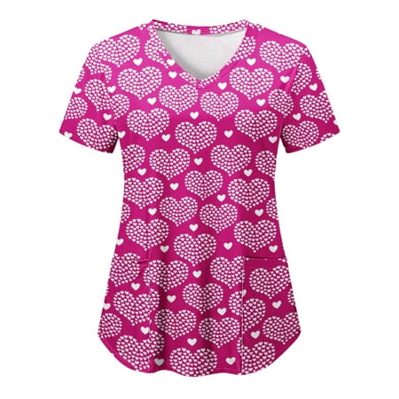 

Women Scrubs Top Working Uniform Nurses Workwear Fashion Casual V-Neck Valentine s Day Love Heart Printed Short Sleeve Protective Clothing Graphic Tees