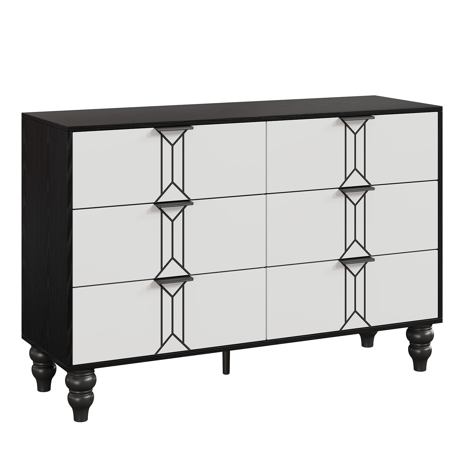 Homhougo Dresser for Bedroom 6 Drawer, Wood Organizer Storage Cabinet with Vintage Pattern Design, Chest of Drawers for Closet, Living Room, Hallway, Nursery, Kids Bedroom, Black+White