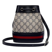 Gucci Ophidia Mini Bucket Bag GG Supreme Canvas Beige Blue Web Stripe Leather Trim Model 550260 Made in Italy