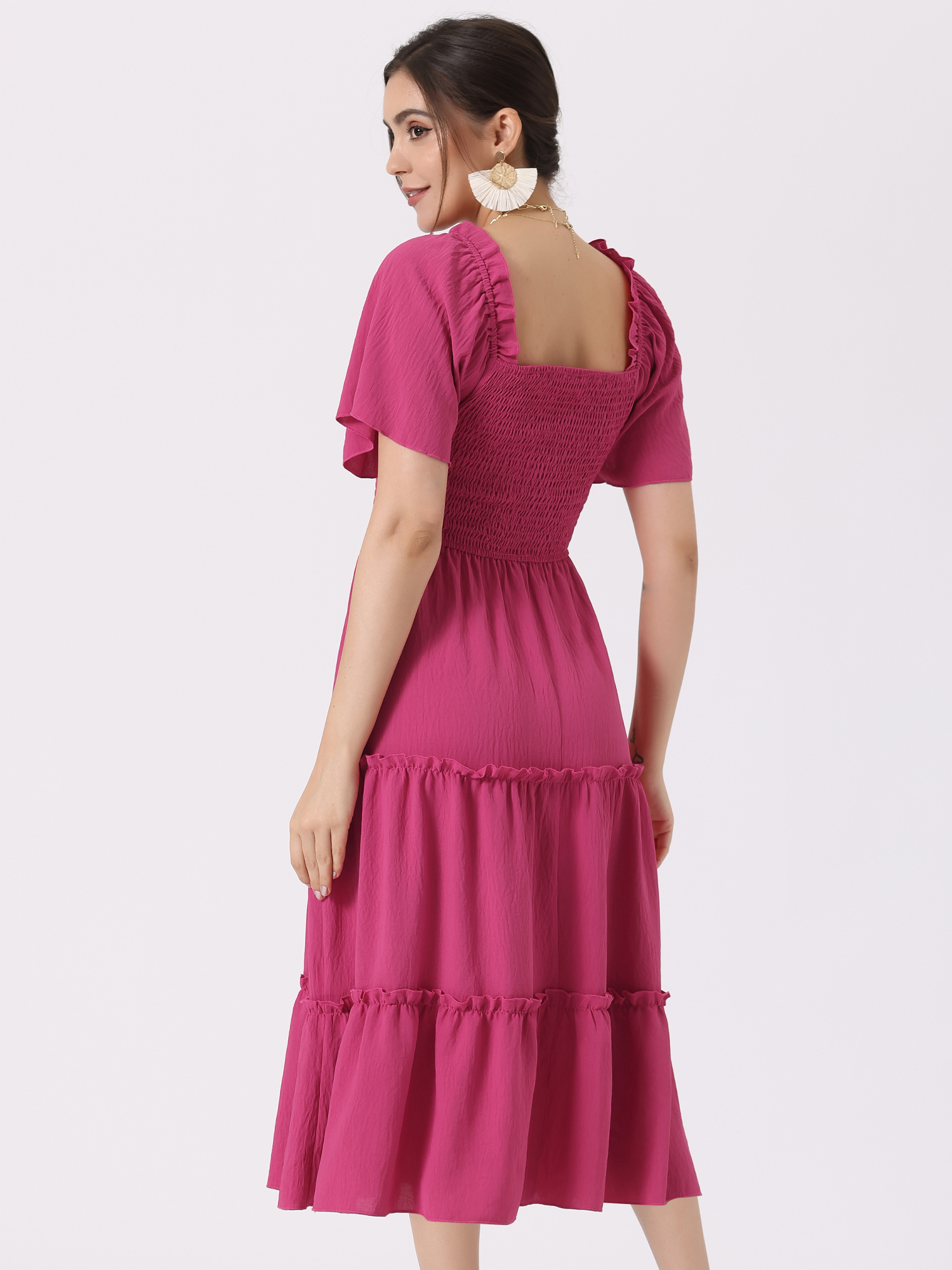 DARING DIVA Square Neck Short Sleeve Flowy Smocked Dress XL Hot Pink