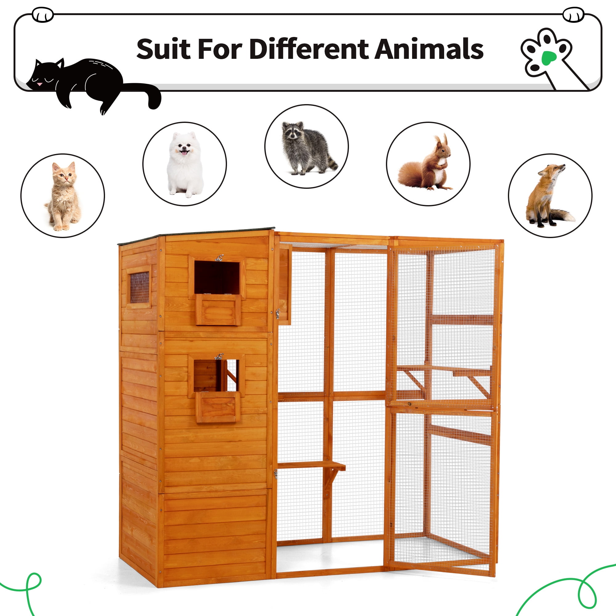 COZIWOW Wood  Cat House Catio Outdoor Enclosure, 2 Resting Condos, 2 Platforms, 4-Tier Cat Play Cage, Orange